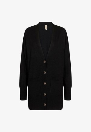 Cardigan noir à manches longues avec boutons, col en V, deux poches avant, poignets et ourlet côtelés.