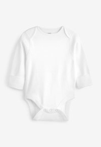 Biały bodysuit z długim rękawem, wykonany z miękkiej bawełny, z dekoltem w kształcie kopertowym, prążkowanymi wykończeniami i zapięciem na napy u dołu. Gładka tekstura.