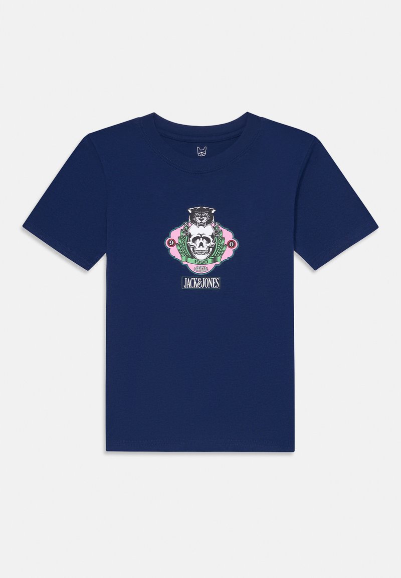 Tamsiai mėlynas medvilninis marškinėlis su grafinio dizaino, kuriame pavaizduota kaukolė, tigras ir lauro lapai. Apvalus kaklas ir trumpomis rankovėmis.