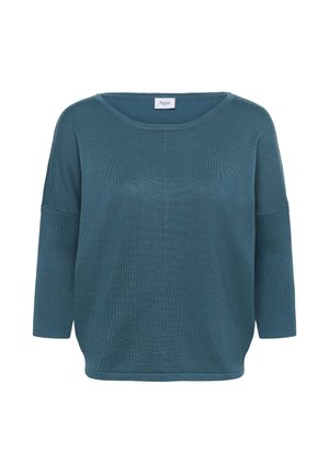 Pull en teal avec une coupe ample, texture côtelée, large encolure ronde et manches 3/4. Étiquette de marque "Saint" cousue au niveau de l'encolure.