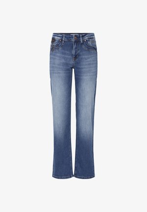 Sirgelised sinised teksapüksid, millel on pleekinud esikülg, viie taskuga disain, nööpkinnitus ja kontrastsed õmblused.