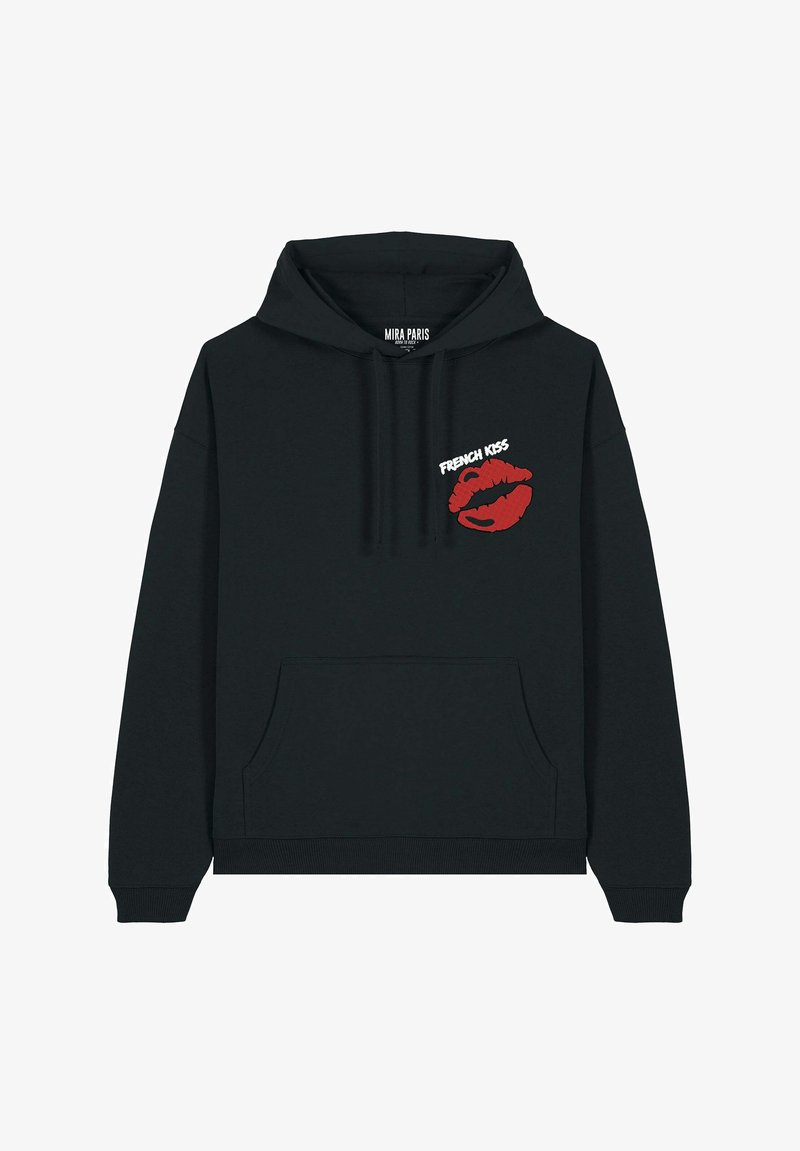 Sweatshirt à capuche noir avec un graphisme de lèvres rouges et le texte "FRENCH KISS" en blanc. Comprend une poche avant et des poignets côtelés.