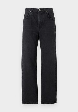 Jeans negri din denim cu croi drept, având talie înaltă, cinci buzunare și nasturi metalici. Material neted, ușor texturat.