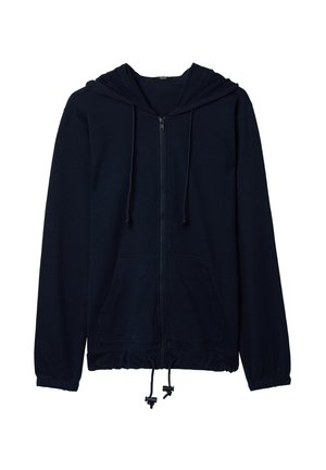 Felpa con zip di colore blu navy realizzata in tessuto morbido, dotata di una ampia tasca frontale, cappuccio con cordino e polsini e orlo elasticizzati.