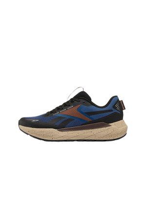 Chaussure de running Reebok bleue et noire avec accents marron, semelle beige tachetée et lacets noirs, vue de profil sur fond blanc.