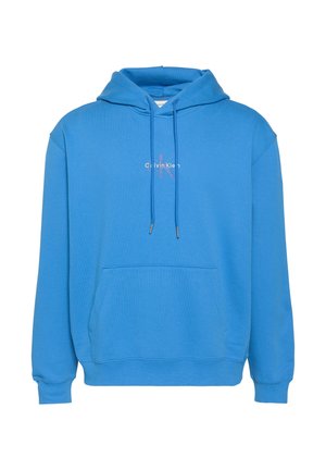 Blauer Pullover mit Kapuze, Fronttasche, Kordelzug und einem kleinen Calvin Klein Logo mittig auf der Brust.