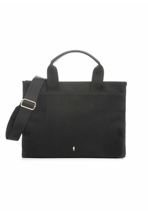 Czarna prostokątna torba na ramię z dwoma uchwytami, regulowanym paskiem na ramię oraz małym złotym logo umieszczonym na środku u dołu.