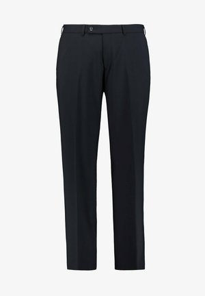 Pantalones formales negros de corte recto, confeccionados en una suave tela de poliéster, con cierre de botón y presillas para el cinturón.