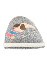 Gray felt slipper with a brown cartoon dog design and blue and pink striped shirt. White soft lining around the edge. Flat, rounded shape.