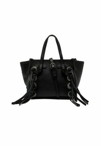 Sac à main en cuir noir avec double anses, sangle à boucle sur le devant et œillets latéraux avec de longs pompons en cuir.
