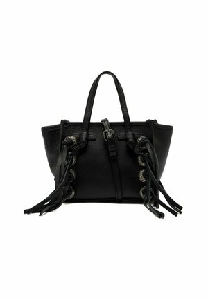 Borsa a tracolla in pelle nera con doppi manici, cinturino anteriore con fibbia e occhielli laterali con lunghe frange in pelle.