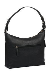 Borsa a tracolla in pelle nera con finitura testurizzata, chiusura con zip e tracolla regolabile. Presenta una tasca frontale con zip per ulteriore spazio di archiviazione.