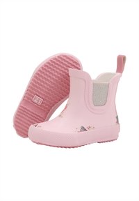 Bottes de pluie en caoutchouc roses avec motifs floraux, panneaux latéraux élastiques, semelles texturées et une languette à l'arrière pour un enfilage facile.