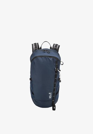 Sac à dos compact bleu marine avec bretelles noires réglables, poche avant zippée, et logo Jack Wolfskin près du bas à droite.
