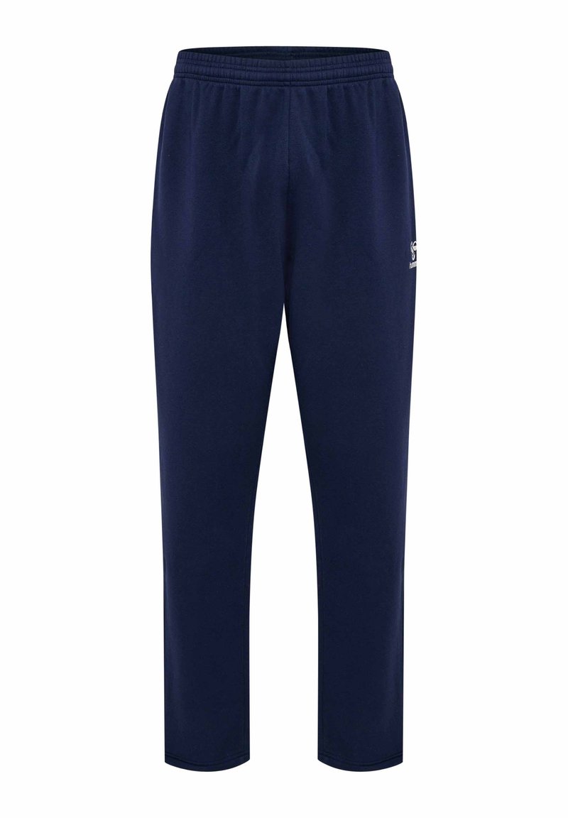 Granatowe dresy z elastycznym pasem, z małym logo po lewej stronie. Wykonane z miękkiego materiału, o prostym kroju nogawki.