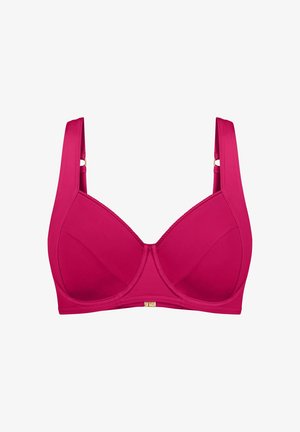 Fuksjowy biustonosz z fiszbinami, formowanymi miseczkami i szerokimi, regulowanymi ramiączkami. Charakteryzuje się gładką fakturą i dekoracyjnym szyciem wzdłuż krawędzi.