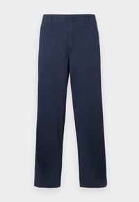 Navy blue cotton pants with a straight leg design, featuring a front button closure, belt loops, and a smooth texture.