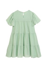 Hellgrünes, gestuftes Kleid aus strukturiertem Stoff mit Puffärmeln. Hat kleine, erhabene Punkte und einen Knopfverschluss hinten.