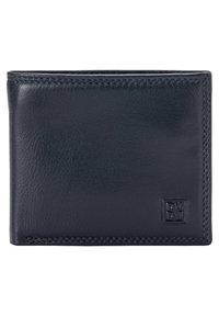 Portafoglio in pelle blu scuro con una texture liscia, design bi-fold e bordi cuciti. Include un dettaglio del logo a rilievo. Forma rettangolare compatta.