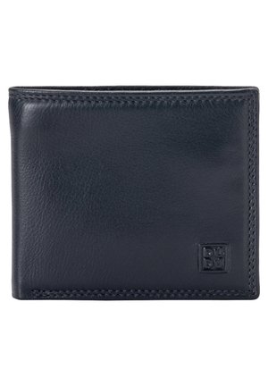 Dark blue leather wallet with a smooth texture, bi-fold design, and stitched edges. Includes embossed logo detail. Compact rectangular shape.