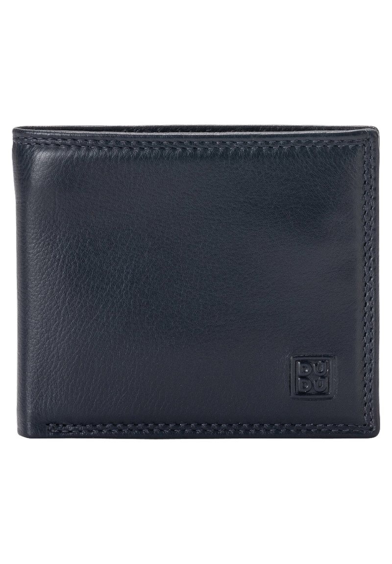Portafoglio in pelle blu scuro con una texture liscia, design bi-fold e bordi cuciti. Include un dettaglio del logo a rilievo. Forma rettangolare compatta.