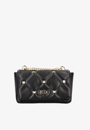 Black quilted leather handbag with gold-tone studs, a chain strap, and a clasp closure. Smooth texture and rectangular shape.