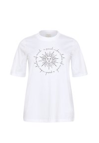 T-shirt en coton blanc avec un col rond et des manches courtes, présentant un graphique de soleil noir et du texte dans un motif circulaire. Coupe régulière.