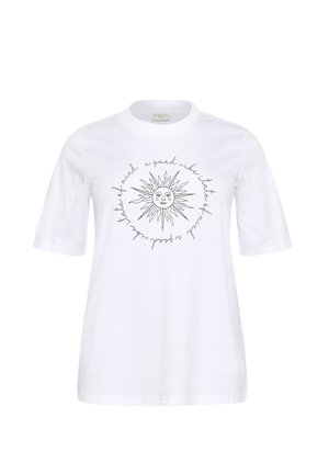 Hvid bomulds T-shirt med rund halsudskæring og korte ærmer, med et sort solgrafik og tekst i et cirkulært mønster. Normal pasform.