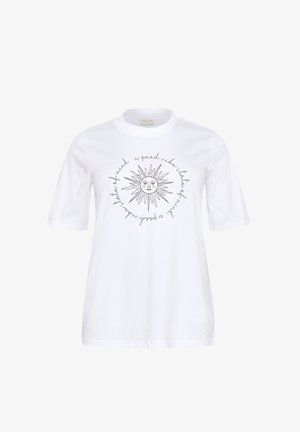 Bijela pamučna majica s okruglim izrezom i kratkim rukavima, s crnom grafikom sunca i tekstom u kružnom uzorku. Standardni kroj.