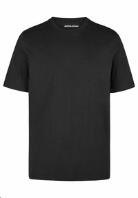 Schwarzes Baumwoll-T-Shirt mit kurzen Ärmeln, Rundhalsausschnitt und lässiger Passform. Verfügt über ein minimales Branding in der Nähe des Ausschnitts. Weiche Textur.