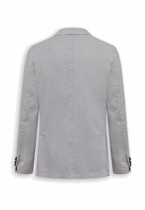 Hellgrauer Herrenblazer mit langem Arm, Rückenschlitz und knöpfbaren Manschetten, von hinten auf weißem Hintergrund gezeigt.