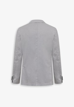 Blazer casual da uomo di colore grigio chiaro con maniche lunghe, spacchi posteriori e polsini con bottoni, mostrato dalla vista posteriore su sfondo bianco.