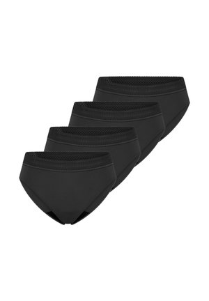 Cztery czarne bawełniane majtki z koronkową krawędzią w pasie oraz wysokim stanem, o gładkiej fakturze i bez widocznych szwów.