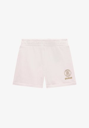 White elastic waist shorts with a small gold Guess logo and emblem on the lower left leg.