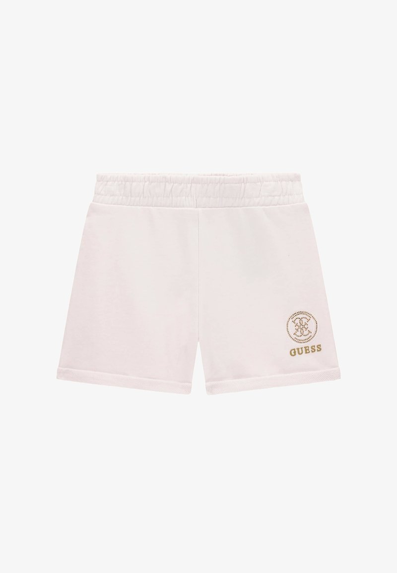 Shorts blancs à taille élastique avec un petit logo et emblème Guess dorés sur la partie inférieure gauche de la jambe.