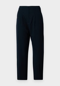 Marine skreddersydde bukser med flat front, to folder, standard midje og tapered ben. Laget av et glatt stoff med en lett glans.