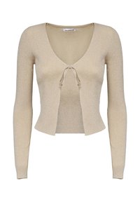 Beige, geripptes Strickjacke mit langen Ärmeln, tiefem V-Ausschnitt und Bindeschluss an der Vorderseite, mit einer subtilen, schimmernden Textur.