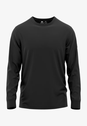 Zwarte shirt met lange mouwen van gladde stof, met een ronde hals, naadloos ontwerp en aansluitende mouwen. Geen zichtbare patronen of accenten.