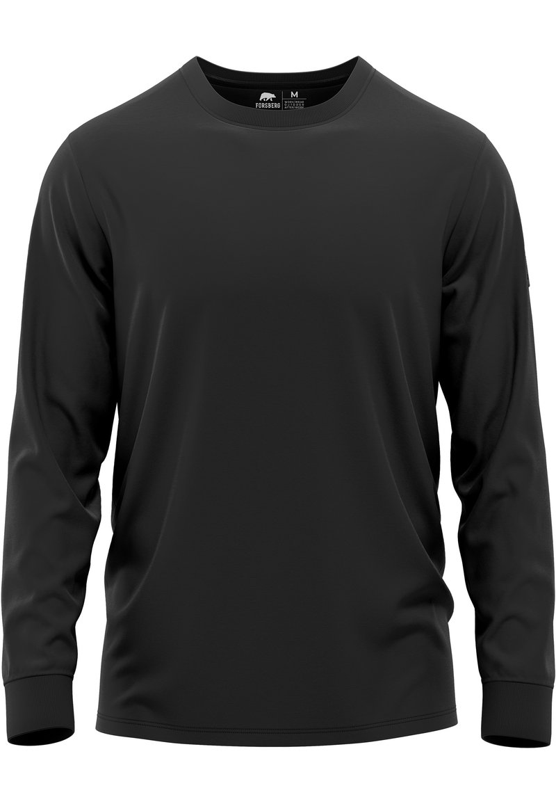 Zwarte shirt met lange mouwen van gladde stof, met een ronde hals, naadloos ontwerp en aansluitende mouwen. Geen zichtbare patronen of accenten.