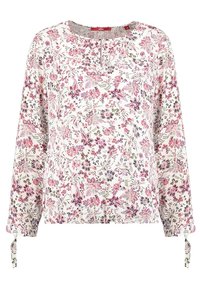 Langärmlige, florale Bluse in Weiß mit pinken, lila und grünen Mustern. Verfügt über einen runden Ausschnitt und gebundene Manschetten für detaillierte Akzente.