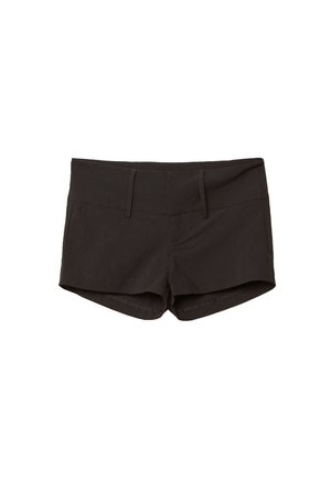 Black cotton shorts with a fitted design, featuring a smooth texture and two front pockets. Mid-rise waistband and no noticeable patterns.