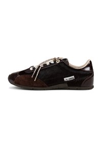Low-cut sneaker in dark brown leather with hair-on-hide texture. Features contrasting suede accents, a mix of laces, and a rubber sole.