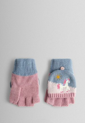 Guantes sin dedos con un diseño tejido en azul y rosa, con un detalle bordado de unicornio y sol, textura suave y un acento de botón.