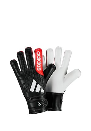 Par de guantes de portero Adidas en blanco y negro con detalle rojo y logo en el dorso, diseñados para uso en fútbol.