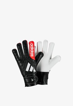 Par de guantes de portero Adidas en blanco y negro con detalle rojo y logo en el dorso, diseñados para uso en fútbol.