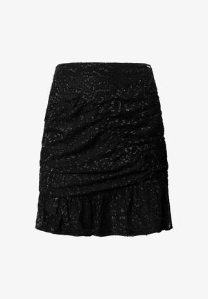 Black ruched skirt with a layered ruffle hem, featuring a textured pattern and a smooth fabric finish. Short length, with elastic at the waist.