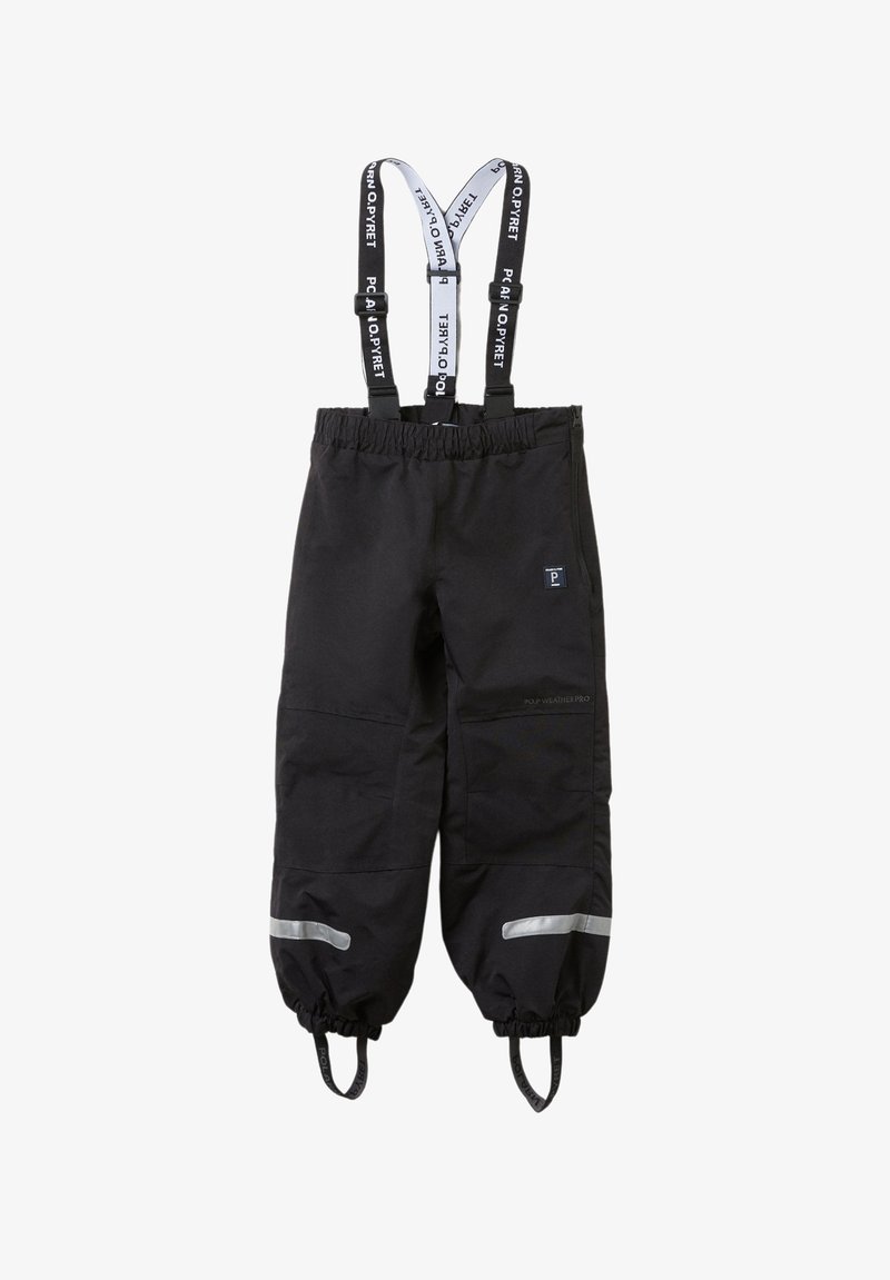 Zwarte waterdichte kinderschoenen met verstelbare bretels, elastische boorden en reflecterende strepen. Gemaakt van duurzaam, weerbestendig materiaal.