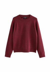 Bordeaux gebreide trui met een ronde halslijn, geribde manchetten en zoom. Heeft een zachte textuur en een ontspannen pasvorm, geschikt voor casual wear.