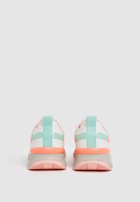 White and pale pink sneakers with teal accents, mesh panels, and a grey sole. Features a pull tab at the heel and textured details.