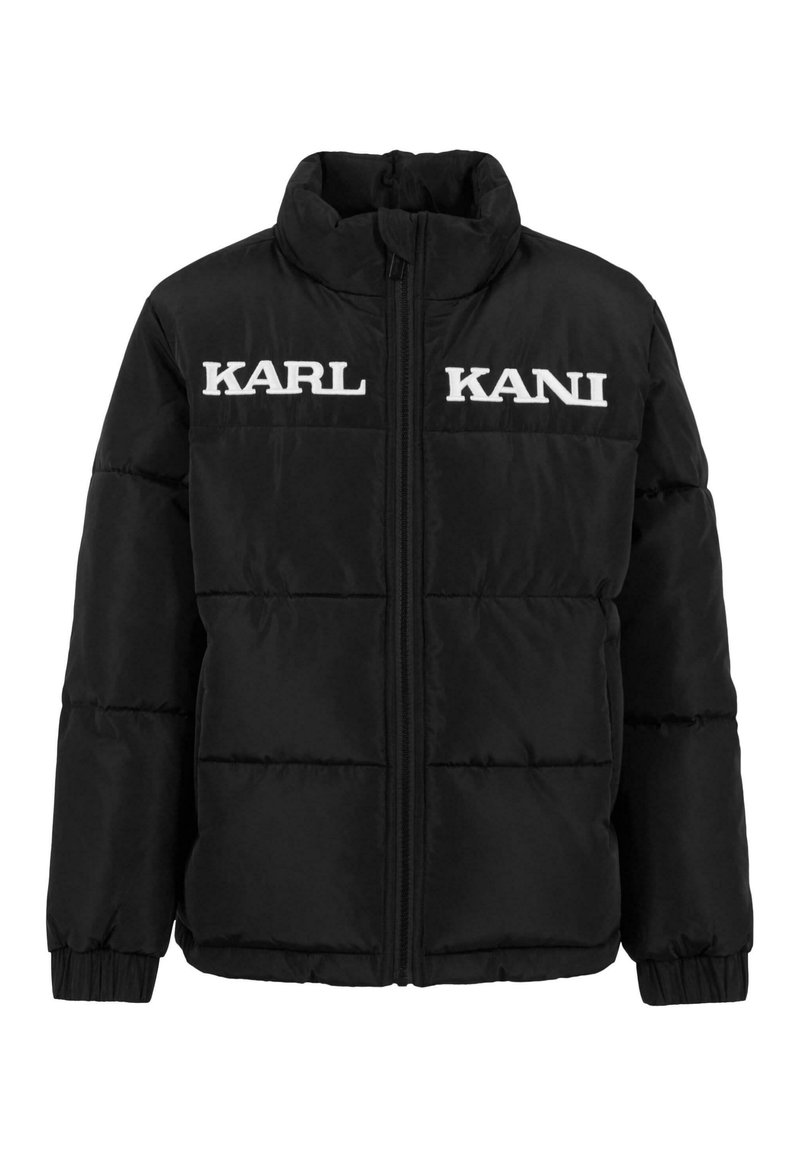 Juodas pūkinis švarkas su užtrauktuku, ant krūtinės baltais užrašais "KARL" ir "KANI"; elastiniai rankogaliai; siuvinėtas tekstūras.